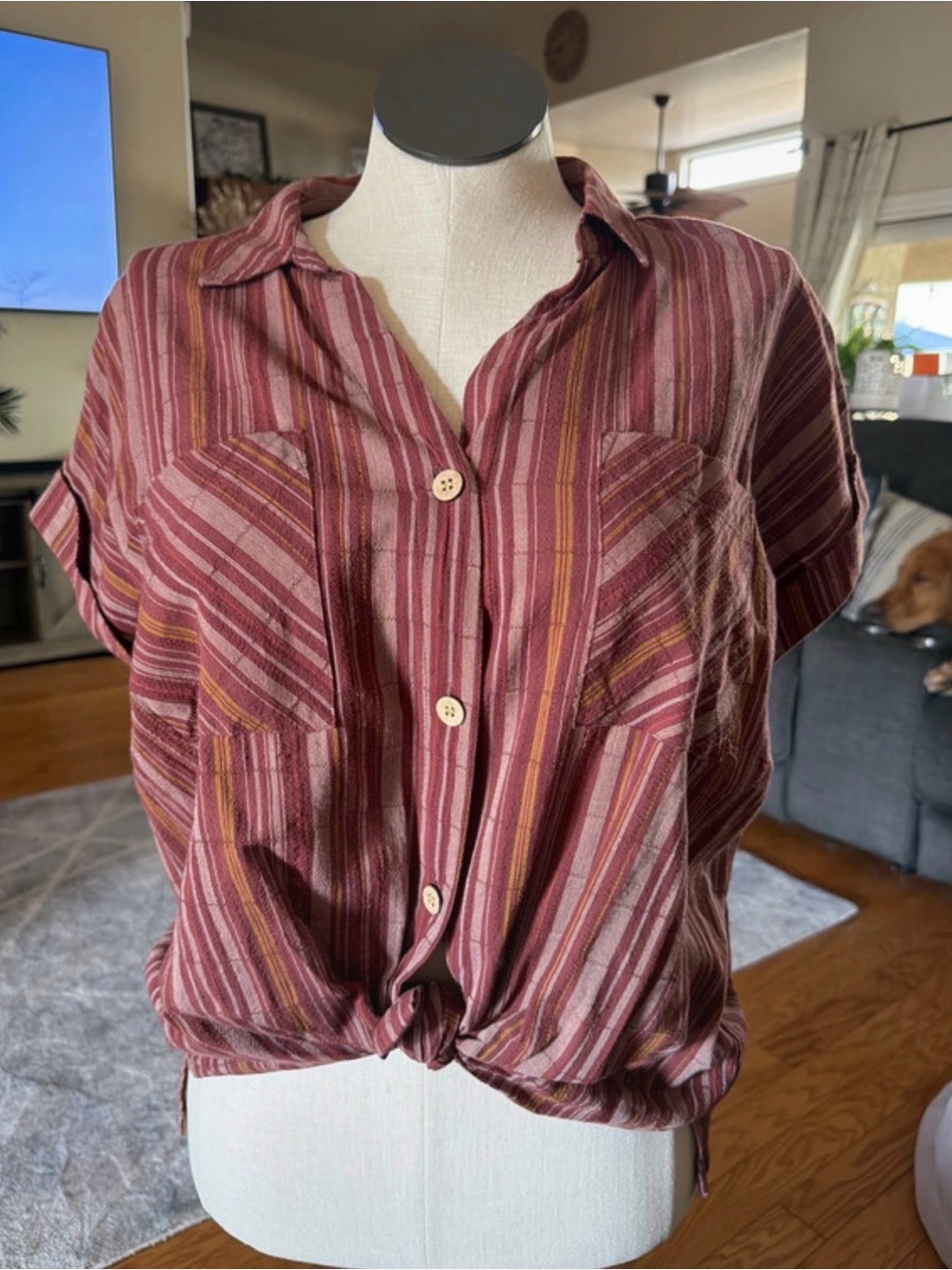 Striped Button-Front Short Sleeve Top in Mauve